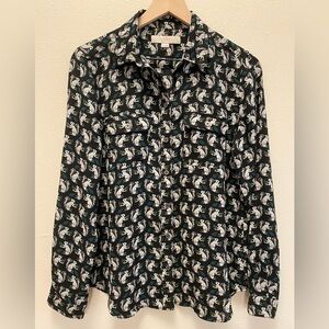 LOFT Womens Long Sleeve Button Up Blouse Squirrel Black Size Small Novelty Print